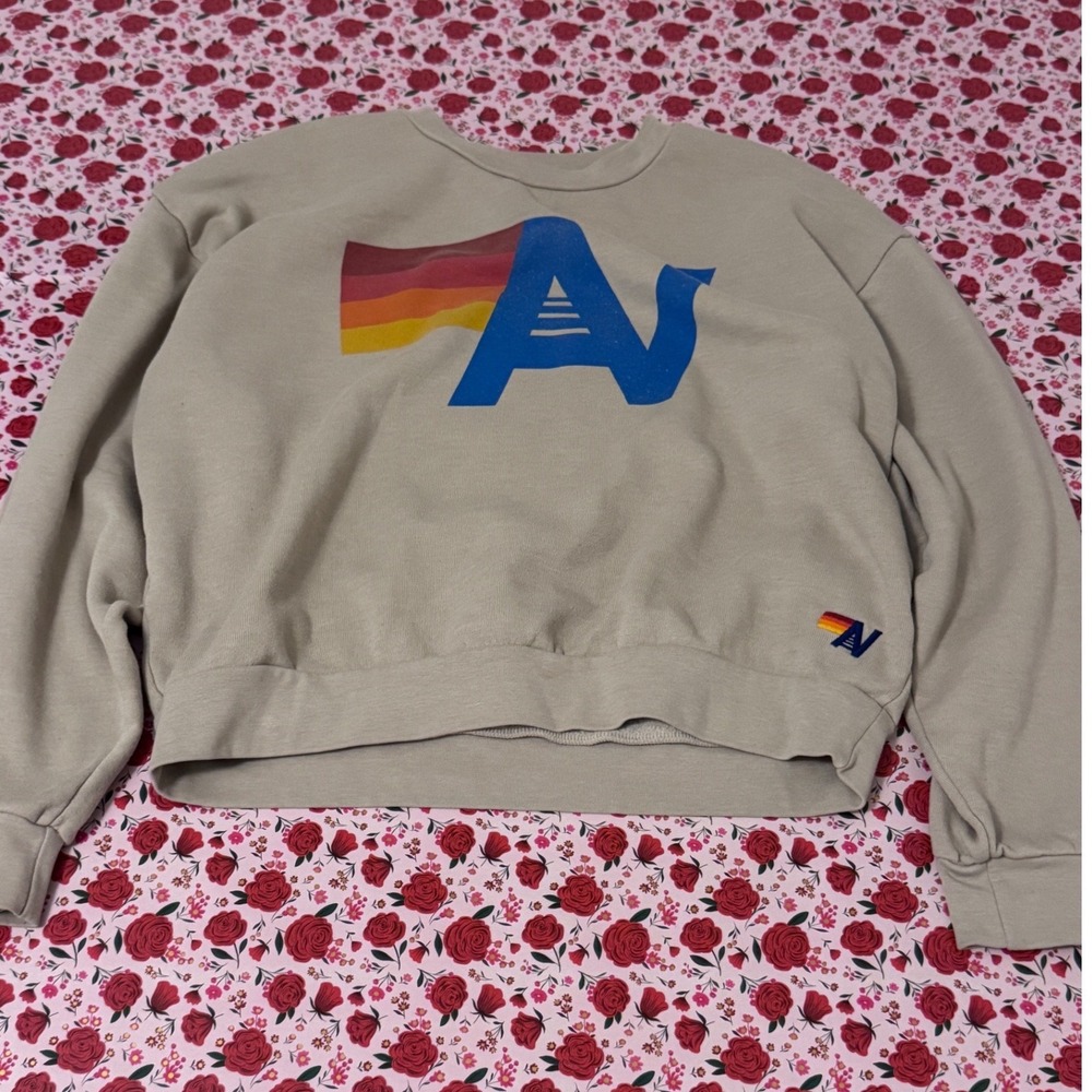 Aviator Nation Beige Sweatshirt with Blue Logo and Rainbow Accent